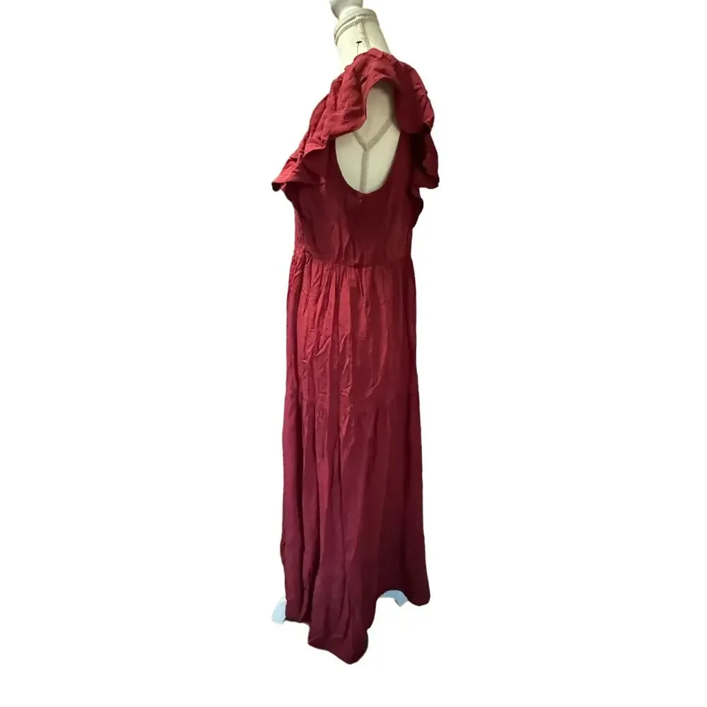 Shirt Ruffled Sleeve Romantic Maxi Burgundy Dress Ruched  Chest and Open Back - Picture 5 of 7